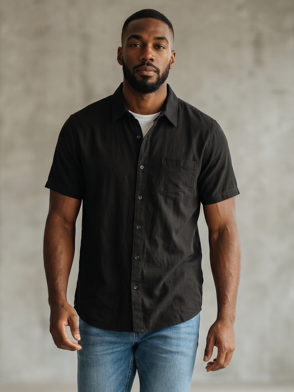Men's Black Short-Sleeve Casual Button-Down Shirt